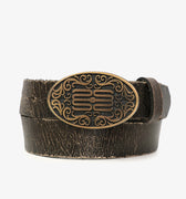 Cinturón Nuvo Sofia Sarkany de cuero marrón gastado, con hebilla ovalada dorada y grabado "SS" con filigranas.
